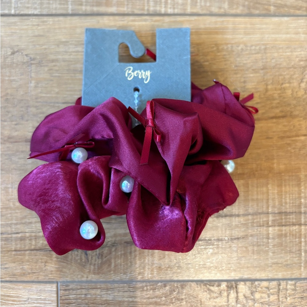 Maroon Hair Scrunchie with Pearls